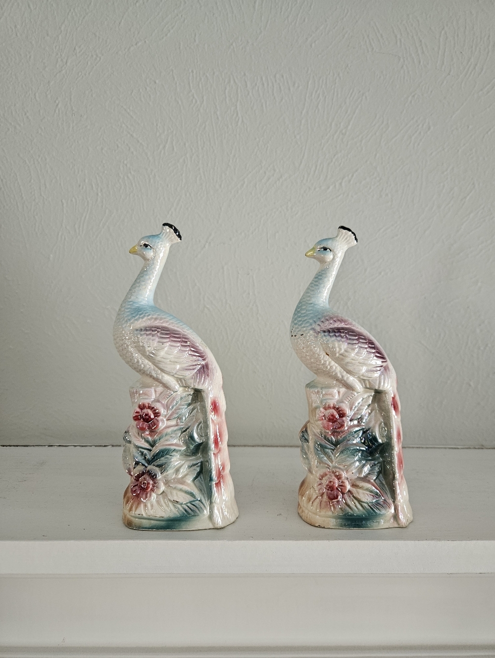 Vintage Set Of 2 Japan Lusterware Glazed Ceramic Peacock Decorative Figures